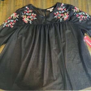 Black Sheer Embroidered Floral Blouse Boho Peasant Top Bell Sleeves Festival